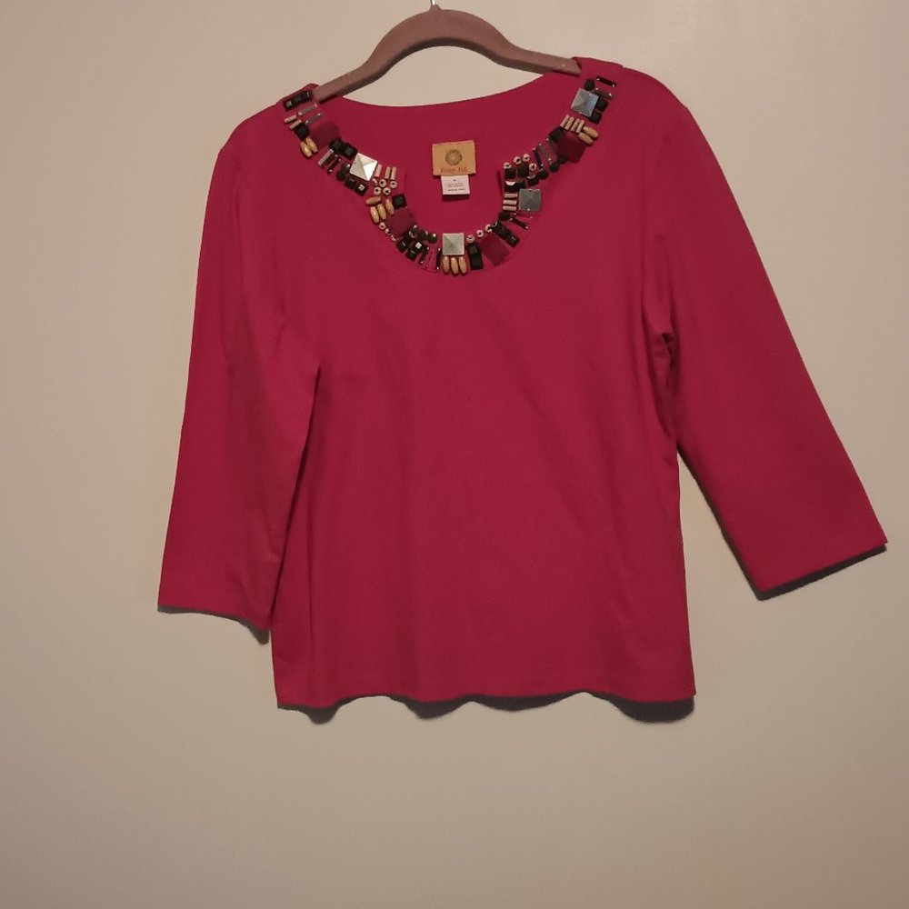 Ruby Red Long Sleeve Shirt With Neck Beads Ladies Medium